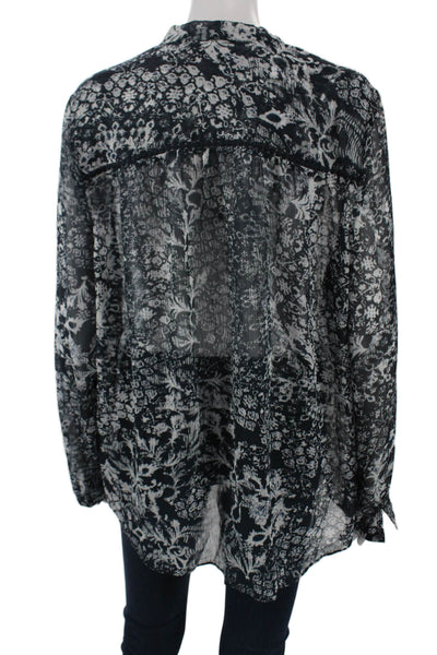 NYDJ Womens Black Floral Long Sleeve Button Blouse Size L