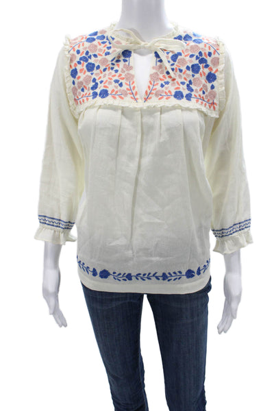 The Coast Brand Womens Tunic White Floral 3/4 Sleeve Tie Size One