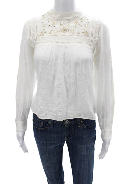Zara Women Bohemian Floral High Neck Button Long Sleeve Blouse White Size S
