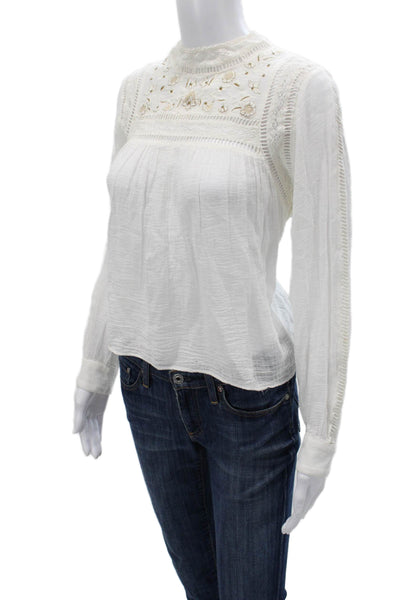 Zara Women Bohemian Floral High Neck Button Long Sleeve Blouse White Size S