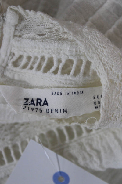 Zara Women Bohemian Floral High Neck Button Long Sleeve Blouse White Size S