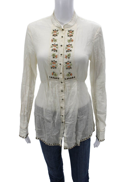 Elie Tahari Women Petite Tunic Blouse White Floral Button Up Long Sleeve Size S