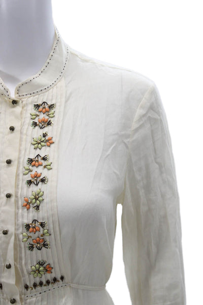 Elie Tahari Women Petite Tunic Blouse White Floral Button Up Long Sleeve Size S