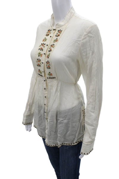 Elie Tahari Women Petite Tunic Blouse White Floral Button Up Long Sleeve Size S