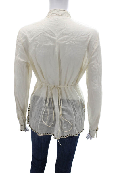 Elie Tahari Women Petite Tunic Blouse White Floral Button Up Long Sleeve Size S