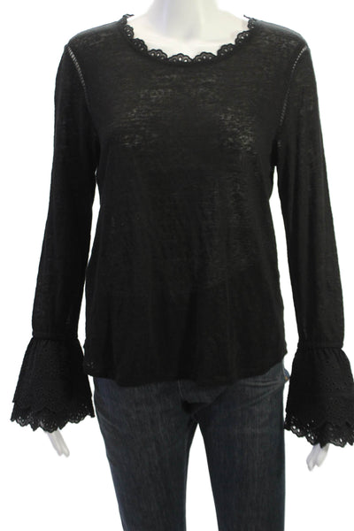 Generation Love Women Black Boho Lace Up Long Sleeve Blouse Round Neck Size L