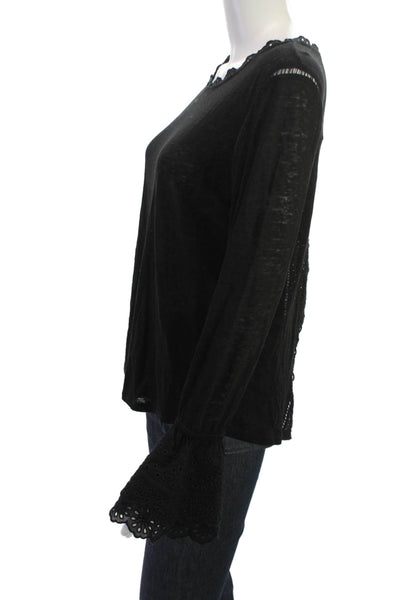 Generation Love Women Black Boho Lace Up Long Sleeve Blouse Round Neck Size L