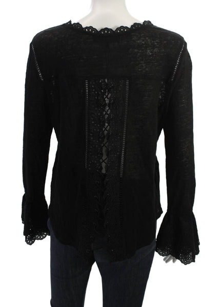 Generation Love Women Black Boho Lace Up Long Sleeve Blouse Round Neck Size L