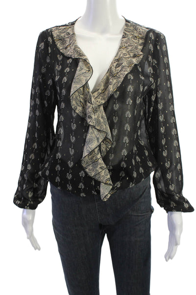 Senlis Womens Bohemian Paisley V-Neck Long Sleeve Blouse Black Polyester Size S
