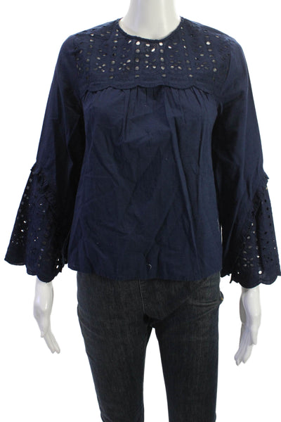 Zara Womens Dark Blue Cotton Bohemian Crewneck Button Long Sleeve Blouse Size S