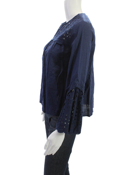 Zara Womens Dark Blue Cotton Bohemian Crewneck Button Long Sleeve Blouse Size S