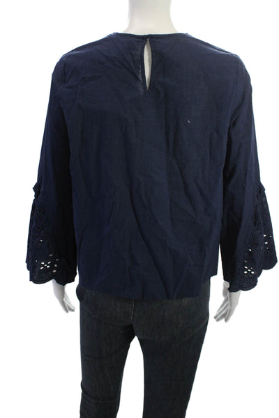 Zara Womens Dark Blue Cotton Bohemian Crewneck Button Long Sleeve Blouse Size S