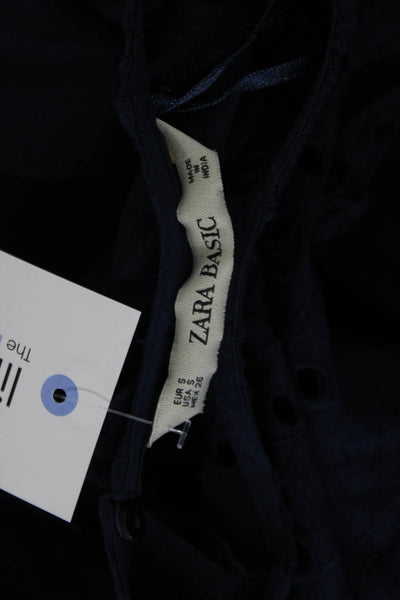 Zara Womens Dark Blue Cotton Bohemian Crewneck Button Long Sleeve Blouse Size S