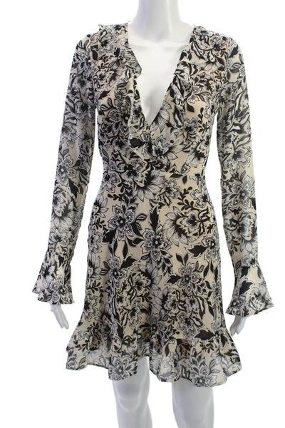 For Love & Lemons Women Fit & Flare Mini Dress Beige Silk Long Sleeve Size S