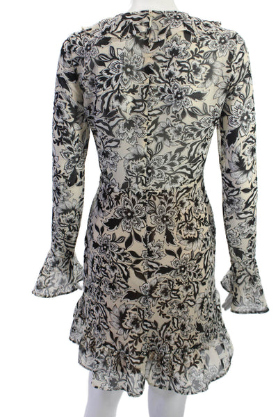 For Love & Lemons Women Fit & Flare Mini Dress Beige Silk Long Sleeve Size S