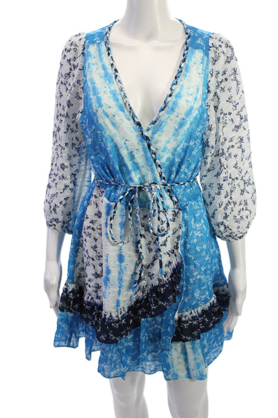 Tanya Taylor Womens Wrap Dress Blue Floral V Neck 3/4 Sleeve Silk Cotton Size 4