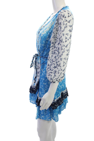 Tanya Taylor Womens Wrap Dress Blue Floral V Neck 3/4 Sleeve Silk Cotton Size 4