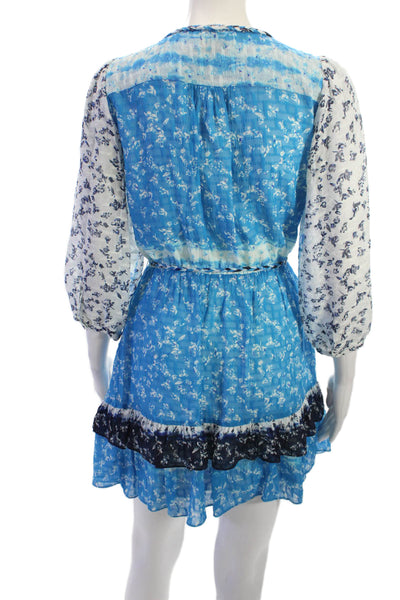 Tanya Taylor Womens Wrap Dress Blue Floral V Neck 3/4 Sleeve Silk Cotton Size 4
