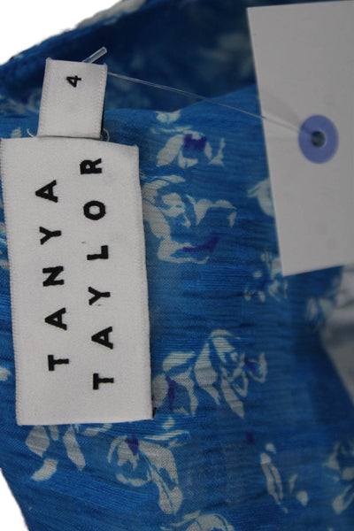 Tanya Taylor Womens Wrap Dress Blue Floral V Neck 3/4 Sleeve Silk Cotton Size 4