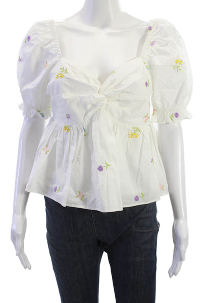 English Factory Women White Floral Square Neck Tie Blouse Short Sleeve Size M