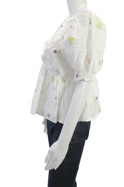 English Factory Women White Floral Square Neck Tie Blouse Short Sleeve Size M
