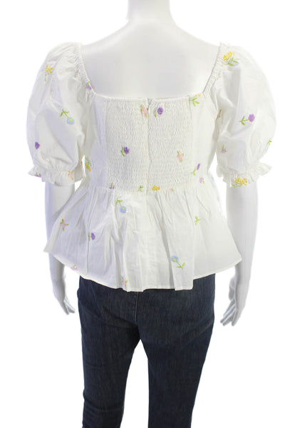English Factory Women White Floral Square Neck Tie Blouse Short Sleeve Size M