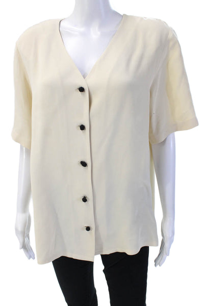 Dana Buchman Womens Beige Silk V-Neck Short Sleeve Button Up Blouse Size 12