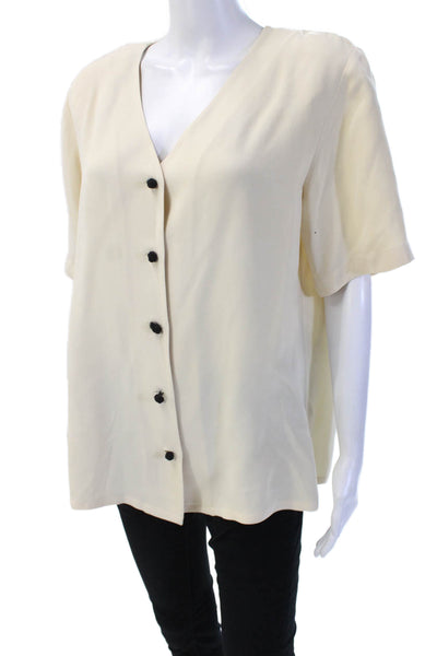 Dana Buchman Womens Beige Silk V-Neck Short Sleeve Button Up Blouse Size 12
