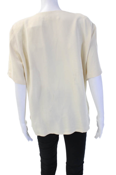 Dana Buchman Womens Beige Silk V-Neck Short Sleeve Button Up Blouse Size 12
