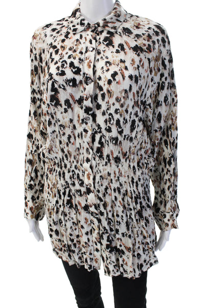 Cindi Gindi Women Leopard Collared Tunic Long Sleeve Button Up Beige Size L