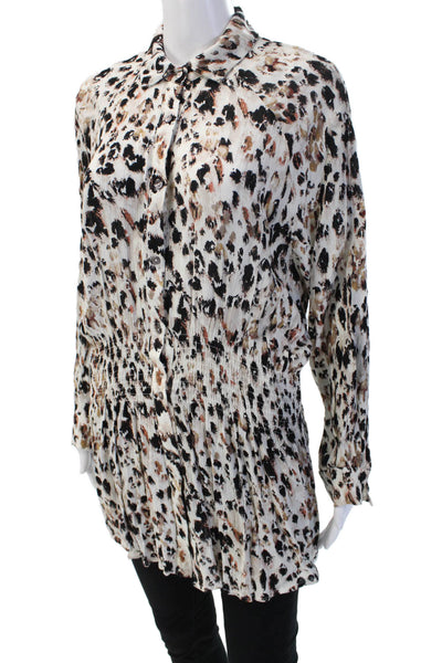 Cindi Gindi Women Leopard Collared Tunic Long Sleeve Button Up Beige Size L