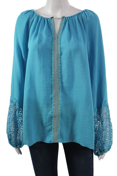 T Tahari Womens Tunic Blouse Blue Long Sleeve Round Neck Rayon Nylon Size M