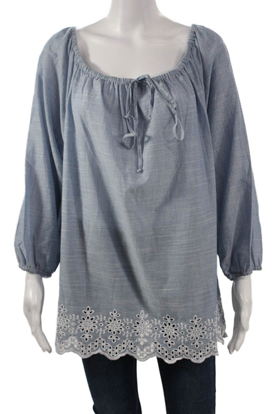 NYDJ Women Tunic Light Blue Round Neck 3/4 Sleeve Drawstring Size 1X