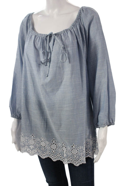 NYDJ Women Tunic Light Blue Round Neck 3/4 Sleeve Drawstring Size 1X