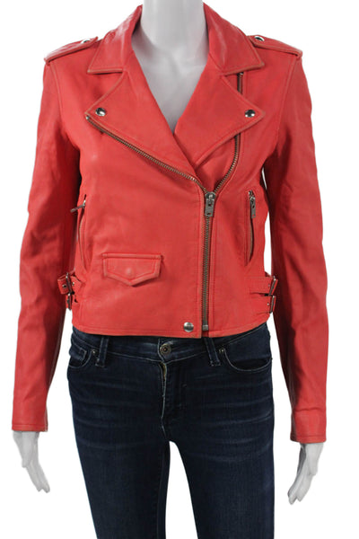 IRO Womens Biker Jacket Red Lamb Leather Buckle Size 38