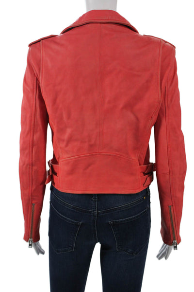 IRO Womens Biker Jacket Red Lamb Leather Buckle Size 38