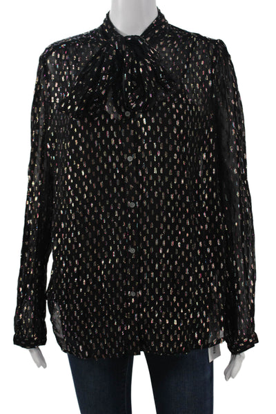 J Crew Womens Black Metallic Button Up Blouse Long Sleeve High Neck Size M
