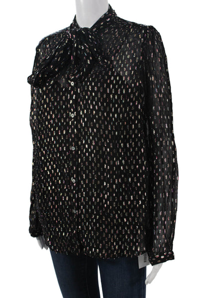J Crew Womens Black Metallic Button Up Blouse Long Sleeve High Neck Size M