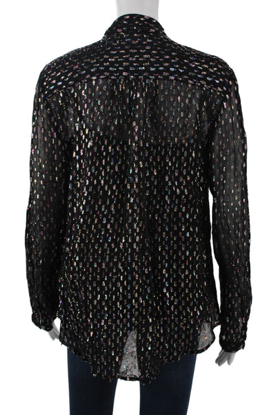 J Crew Womens Black Metallic Button Up Blouse Long Sleeve High Neck Size M