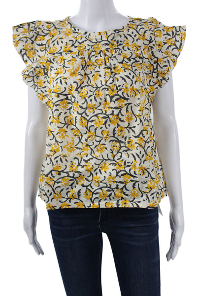 Lilla P Women 100% Cashmere White Floral Round Neck Short Sleeve Blouse Size S