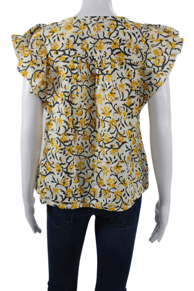 Lilla P Women 100% Cashmere White Floral Round Neck Short Sleeve Blouse Size S