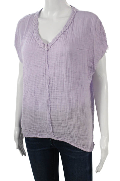 Michael Stars Women Basic Purple V-Neck Cotton Short Sleeve Blouse Size S