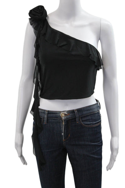 AFRM Womens One Shoulder Cropped Black Top Rose Size M