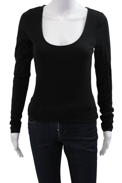 Good American Womens Black Basic Long Sleeve T Shirt Round Neck Cotton Size S