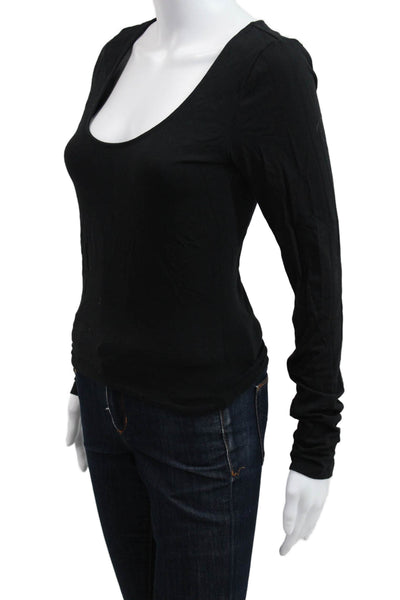 Good American Womens Black Basic Long Sleeve T Shirt Round Neck Cotton Size S