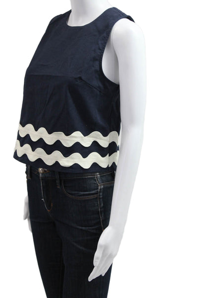 Pinch Women Cropped Tank Dark Blue Linen Cotton Round Neck Size S