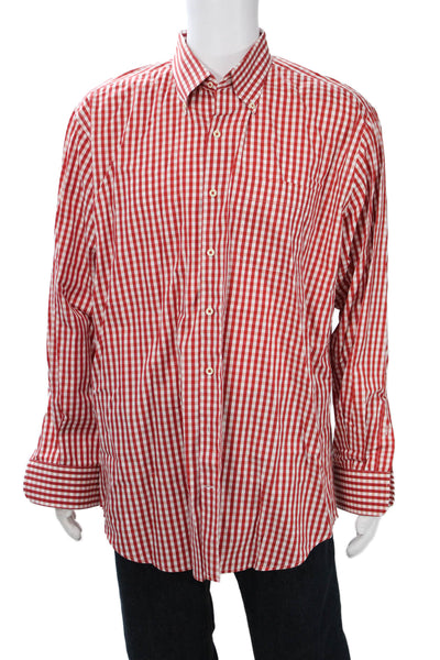 Peter Millar Mens Red Check Button-Down Cotton Long Sleeve Shirt Size 2XL