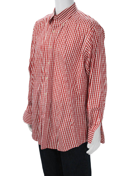 Peter Millar Mens Red Check Button-Down Cotton Long Sleeve Shirt Size 2XL
