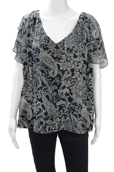 Dana Buchman Women Silk Paisley V Neck Tunic Short Sleeve Black Size 16
