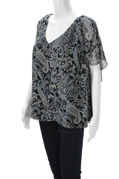Dana Buchman Women Silk Paisley V Neck Tunic Short Sleeve Black Size 16